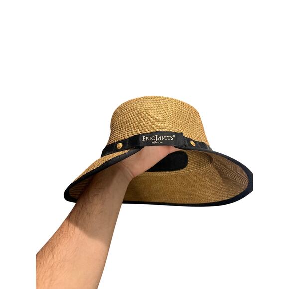 Eric Javits Visor Adjustable Straw Hat UPF 50+ Beige Black Packable Sunbust Bow - Picture 9 of 11